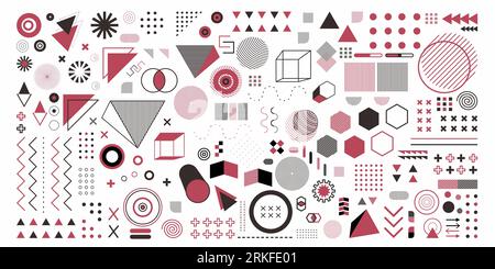 Abstrakte Geometrie - Objekt in rosa Farbe festlegen. Ein Bündel von 100 geometrischen Designkünsten. Memphis Design, Retro-Elemente für Web, Vintage, Werbung, Commer Stock Vektor