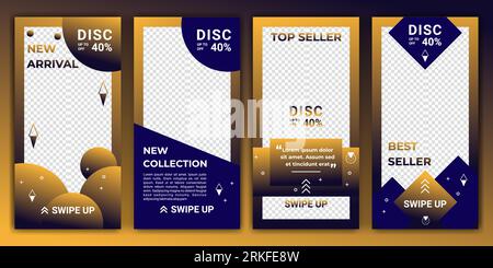 Design backgrounds for social media in gradient color gold and blue. Editable template for ig stories, ig template and web banner ads. Abstract design Stock Vector
