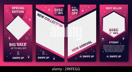 Set 4 aus Social Media IG Stories Verkaufsbanner Hintergrund, mobile App, Poster, Flyer, Coupon, Geschenkkarte, Smartphone-Vorlage Story. Abstrakte moderne Temp Stock Vektor