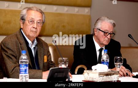 Bildnummer: 55408703  Datum: 29.05.2011  Copyright: imago/Xinhua (110529) -- TRIPOLI, May 29, 2011 (Xinhua) -- Former French foreign minister Roland Dumas (R) and French lawyer Jacques Vergers attend a presse conference in Tripoli, Libya, May 29, 2011. They said that NATO is bombarding civilians and announced that they will register a complaint against French President Nicolas Sarkozy for crimes against humanity. (Xinhua/Hamza Turkia) (zw) LIBYA-TRIPOLI-FRANCE PUBLICATIONxNOTxINxCHN Politik People x0x kbdig xub 2011 quer premiumd     55408703 Date 29 05 2011 Copyright Imago XINHUA  Tripoli May Stock Photo