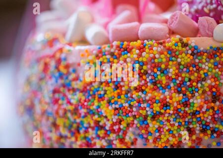 Ein rosafarbener Geburtstagskuchen, dekoriert mit rosa und weißen Marshmallows und Süßigkeiten und bedeckt mit bunten kleinen Streuseln an den Seiten. Stockfoto