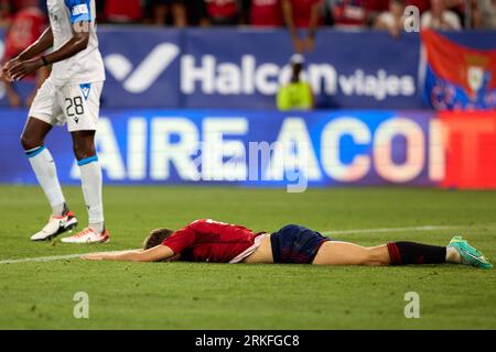 Pamplona, Spanien. August 2023. Pablo Ibanez (Mittelfeldspieler; CA Osasuna), gesehen während des spanischen Fußballs der Conference League, Spiel zwischen CA Osasuna und Club Brugge KV im Sadar Stadion. Endnote: CA Osasuna 1:2 Club Brugge KV Credit: SOPA Images Limited/Alamy Live News Stockfoto