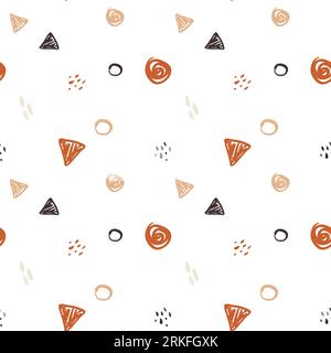 Hand drawn seamless pattern with soft brown and orange cute childish elements. Doodle kiddish icons in nice pattern isolated on white background Stock Vektor