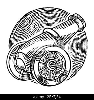 Vector hand drawn of metal cannon ball aimed to the sky ready to shot isolated on white background. Ramadan Kareem design concept with vintage gun. Tr Stock Vector