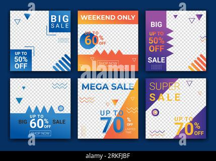 Set of editable square banner template design for fashion sale post on ig. Web banner ads for promotion design with blue, orange and purple color. Sal Stock Vector