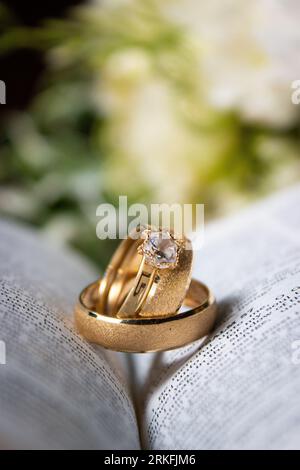 A vertical of gold wedding and engagement rings resting on an open book Stock Photo