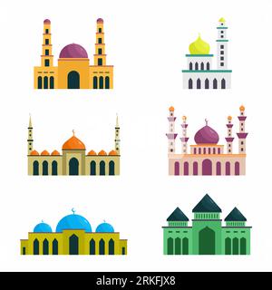 Vector set of islamic mosque. Ramadan Kareem, Happy Eid Mubarak. Hand drawn icons with flat colorful design elements. Modern linear style illustration Stock Vector