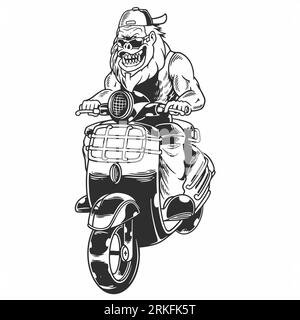 Vintage Cruel Gorilla Biker. Wütender Affe mit Hut und Brille reitend Motorrad in monochromem Stil isolierte Vektor-Illustration. Gut für Design-T-s Stock Vektor
