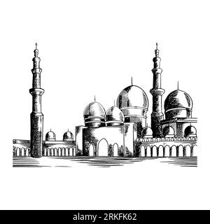 Hand drawn Ramadan Kareem and mosque. Beautiful greeting card design elements. Happy Eid mubarak. Islamic Festival celebration theme isolated on white Stock Vector