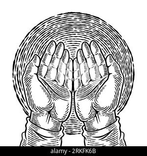 Hand gezeichnete menschliche Hand in betender Position. Religiös-konzeptuelle Kunstskizze. Die Palme eines islamischen Gebets und ein Symbol der Glaubensmoschee. Einfache Hände g Stock Vektor