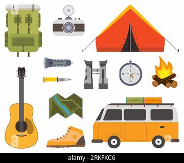 Set of camping of adventure. Equipment of camping objects, tent, backpack, guitar, camera, campfire, boats, guitar, compass, binoculars flat icon set Stock Vector