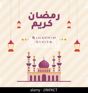 Ramadan Kareem Concept Grußkarte mit islamischem Design. Happy Eid Mubarak. Szene mit Moschee oder Masjid und Laterne. Muslimische Feiertagsfeier. Flach Stock Vektor