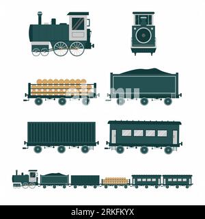 Alter, flacher Zug. Set mit flachen Ikonen für den Transport von Oldtimern. Dampfzug, Personenzug und Güterzug, Front- und Seitenansicht isoliert an Stock Vektor