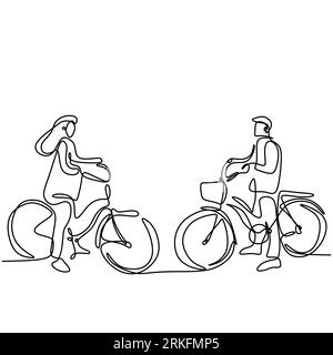 One continuous line drawing of happy young couple take a walk with bicycle. Loving male and female in bicycle romantically rides together at the outdo Stock Vector