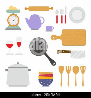 Cooking stuff. Set of kitchenware with pans, dishes, cup, teapot, kettle, kitchen scale, rolling pin, spoon, fork, knife, cutting board, bowl and glas Stock Vector