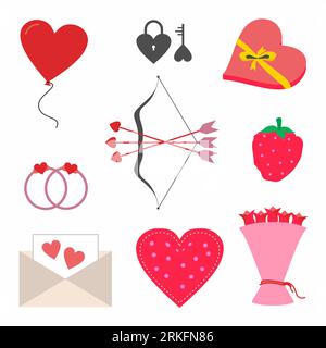 Set mit romantischem Tagessymbol. Valentinstag mit Kuppelbogen und Pfeil, Ring, Rosenblüte, Liebesbrief und rotem Herzballon. Flaches Design Vektorgrafik Stock Vektor