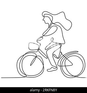 One line drawing of happy young girl on bicycle. Energetic beautiful woman riding her cycle in the morning to go to school. Daily activity. Back to sc Stock Vector