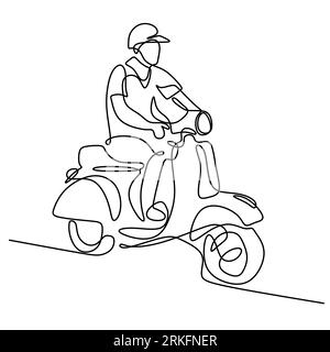 Continuous line art or one line drawing of young man riding vespa motorcycle. A male bikes classical scooter matic isolated on white background. Vinta Stock Vector