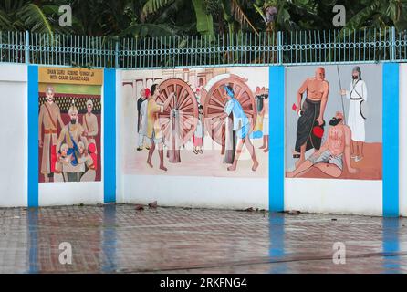 Wandmalerei im Sat Kartar Indian Sikh Tempel, philippinische indische philippinische Gemeinde, San Pablo Laguna, Gurdwara Sikhs Symbole, Philippinen Stockfoto