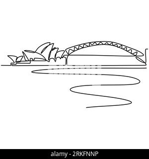 Continuous one line drawing Sydney city skyline. The iconic multi venue performing art in Sydney. Simple modern minimalistic style vector illustration Stock Vector