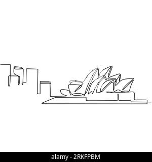 Continuous one line drawing Sydney city skyline. The iconic multi venue performing art in Sydney. Simple modern minimalistic style vector illustration Stock Vector