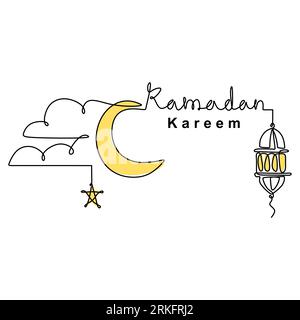 Durchgehende Linienzeichnung islamischer Dekoration mit Laterne, Stern, Mond und Schrift. Muslimischer traditioneller Urlaub. Handgezeichnete Linienkunst von Ramadan K Stock Vektor