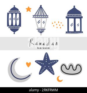 Cute color Islamic for Eid Mubarak and Ramadan Kareem celebration with traditional lantern, half moon, star and mosque isolated on white background de Stock Vector