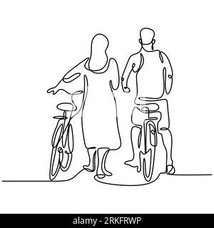 One continuous line drawing of happy young couple take a walk with bicycle. Loving male and female in bicycle romantically rides together at the outdo Stock Vector