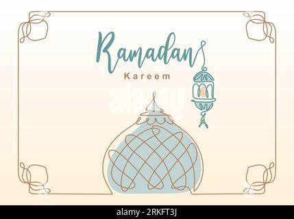 Ramadan Kareem eine durchgehende Linie mit Laterne, Moscheekuppel und Moscheeturm-Ornament. EID Al Fitr Mubarak und Ramadan Kareem Grußkarte Konzept h Stock Vektor