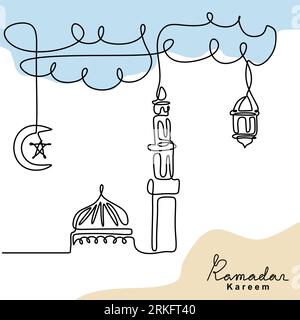 Continuous line drawing of mosque with hanging vintage traditional lantern, moon and star in the sky. Ramadan Kareem theme isolated on white backgroun Stock Vector