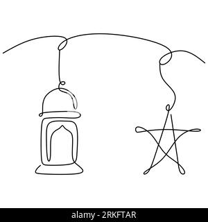 One continuous line drawing design for ramadan with hanging stars and lantern. Ramadan kareem greeting card with islamic decoration concept. Vector il Stock Vector