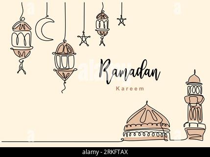 Continuous one line drawing of Islamic mosque with hanging traditional lantern, star and half moon. Ramadan Kareem greeting card, banner and poster de Stock Vector