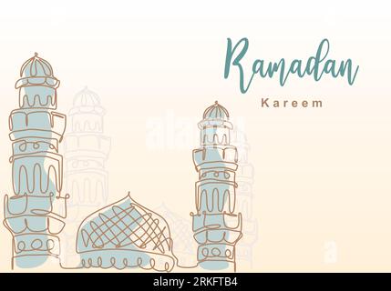 Ramadan Kareem one continuous line with islamic mosque, mosque dome and mosque tower ornament. Eid Al Fitr Mubarak and Ramadan Kareem greeting card co Stock Vektor