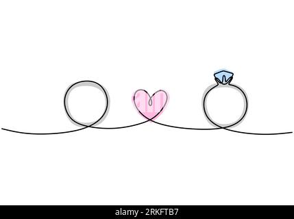 Continuous one line drawing of wedding rings couple, one of them with a diamond. Valentine's day. Vector illustration. Good for romantic valentine's d Stock Vektor