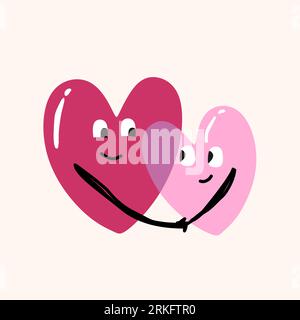 Two heart holding hands together in romantic moment. Happy couple in love. The best feeling ever concept. Flat vector illustration in cartoon characte Stock Vector