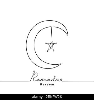 Continuous line drawing of crescent moon and star for Ramadan Kareem. Happy Eid mubarak. Islamic Festival celebration theme isolated on white backgrou Stock Vector