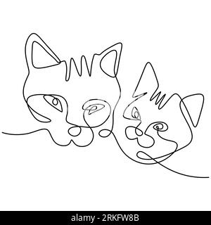Continuous one line drawing of cat face couple. Two cute kitten head minimalist art isolated on white background. Pet animals concept hand draw design Stock Vektor