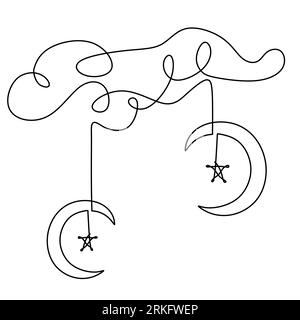 Eine einzeilige Zeichnung von Halbmond und Stern in Wolken. Ramadan Kareem mit islamischem Symbol isoliert auf weißem Hintergrund. Muslimische Religion Stock Vektor