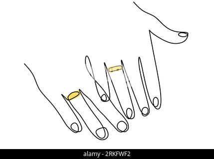 Eine durchgehende Linienzeichnung von männlichen und weiblichen Händen mit Einrastringen. Glückliches junges Paar liebt Heiratssymbol. Ringwechsel von Hand gezeichnet pi Stock Vektor