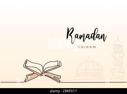 One single continuous line drawing of Ramadan Kareem with open Quran, mosque dome and mosque tower. Islamic holiday, Eid Mubarak greeting card concept Stock Vector