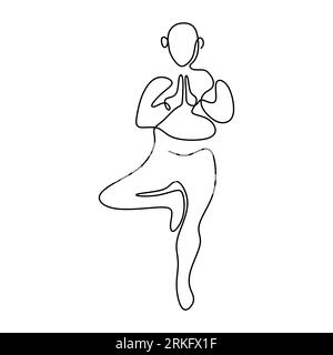 Continuous line art or one line drawing of a woman doing yoga tree pose isolated o white background. Standing on one leg. Healthy lifestyle concept. I Stock Vector