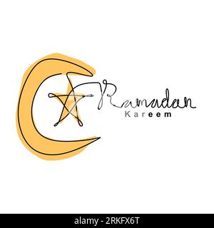Continuous line drawing of crescent moon and star for Ramadan Kareem. Happy Eid mubarak. Islamic Festival celebration theme isolated on white backgrou Stock Vektor