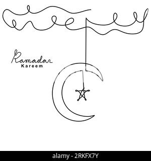 Eine einzeilige Zeichnung von Halbmond und Stern in Wolken. Ramadan Kareem mit islamischem Symbol isoliert auf weißem Hintergrund. Muslimische Religion Stock Vektor