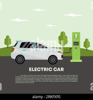 Electric car at the charger station in flat style Stock Vector