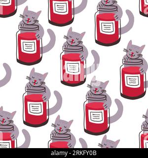 Cute pattern with the cat eating jam from the jar on white. Cute children pattern in hand drawn style. Vector illustration Stock Vektor