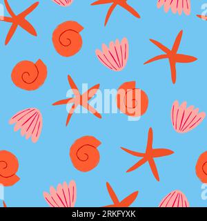 Nahtloses Vektormuster mit roten Muscheln auf hellblauem Hintergrund. Einfaches Meeresmuster mit Muscheln. Seestern, Muscheln, Seesterne. Vektorillustration Stock Vektor
