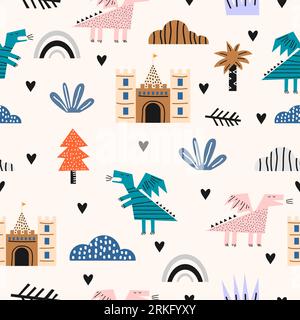 Niedliche lustige Libellen-Dinosaurier für Kinder mit nahtlosem Muster aus Schloss, Palme, Regenbogen und Wolken. Perfekt für Kinderkleidung, Stoff, Textilien und Kinderzimmer Stock Vektor
