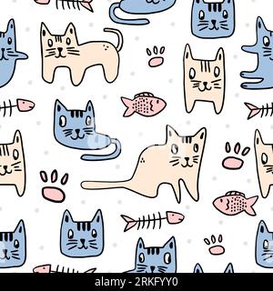 Cute cat seamless children’s pattern. Kitten decorated with a handwritten. Funny animal dream cats isolated on white background. Cartoon drawing for b Stock Vector
