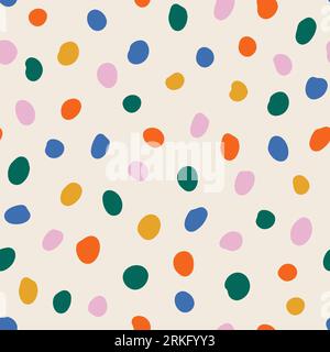 Buntes, nahtloses Muster mit Punktmuster. Zeitgenössischer kindlicher Doodle-Hintergrund. Konfetti mit Vektorkreis auf quadratischem beigefarbenem Hintergrund. Lustige festliche Vorlage Stock Vektor