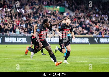 Herning, Dänemark. August 2023. Franculino (17) vom FC Midtjylland punktet während des Qualifikationsspiels der UEFA Conference League zwischen dem FC Midtjylland und Legia Warszawa in der MCH Arena in Herning. (Foto: Gonzales Photo/Alamy Live News Stockfoto